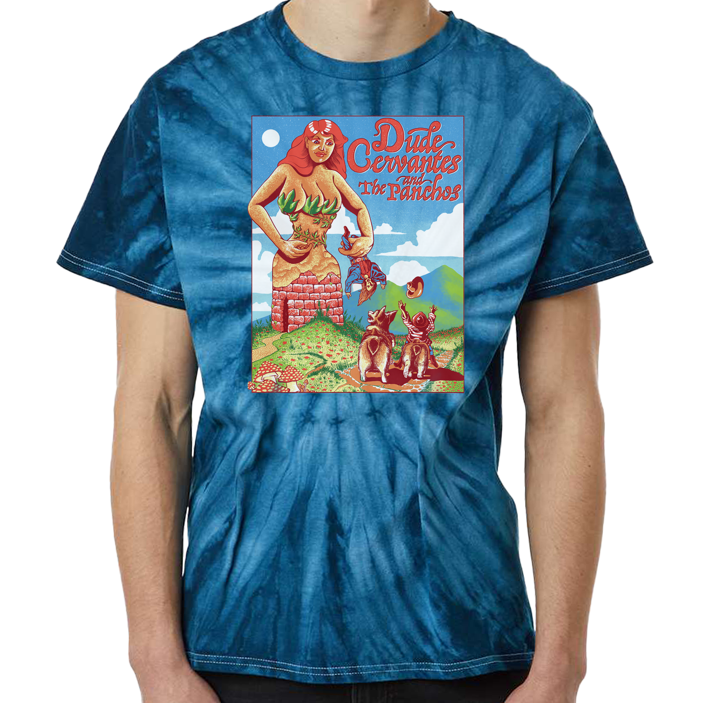 Blue tie-dye T-shirt with psychedelic artwork by Fandy Darisman showing a three-breasted giant tower battling Dude and Pancho riding corgis