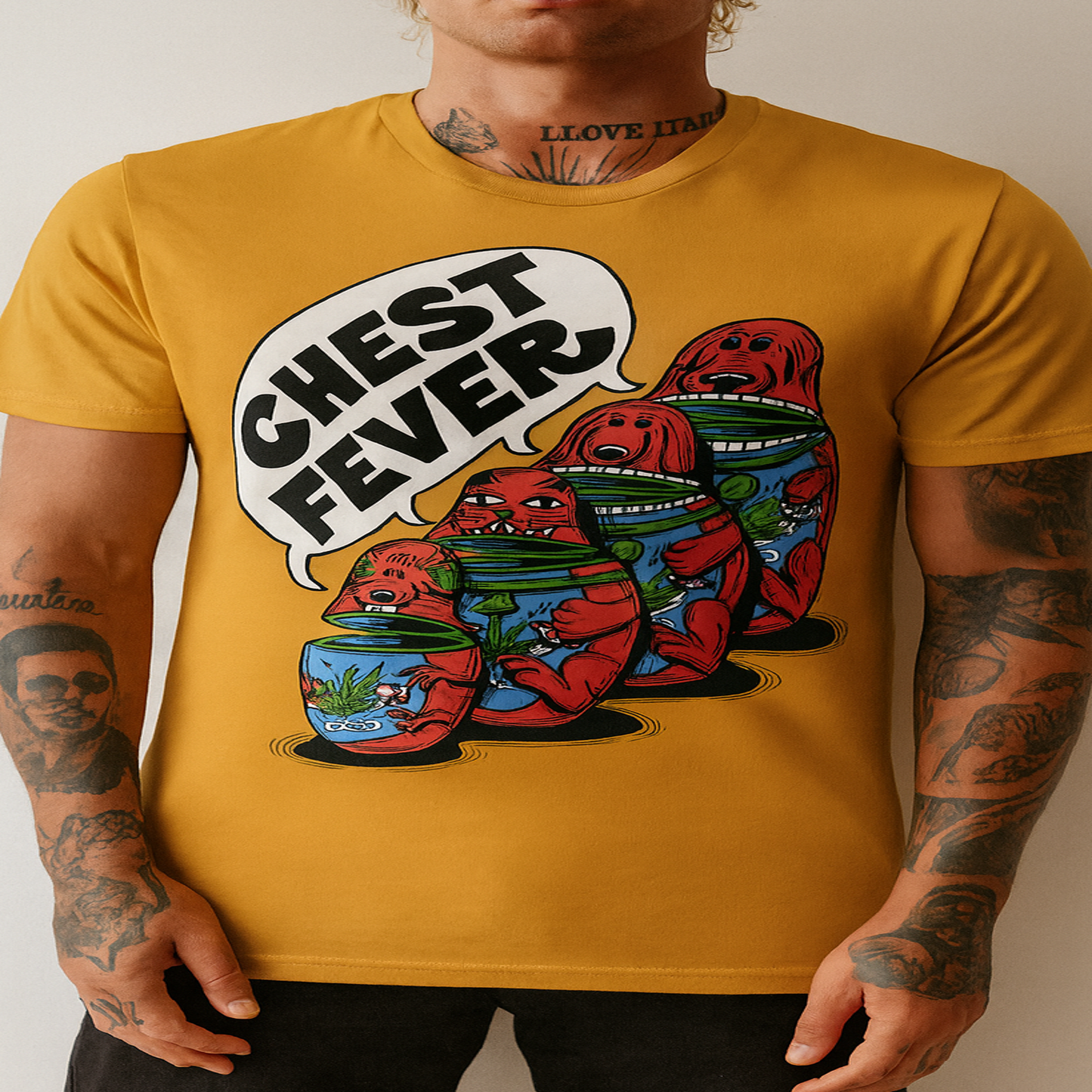 Chest Fever – “Dog Eat Dog” Mustard Tee (Artwork by Matt Adams)