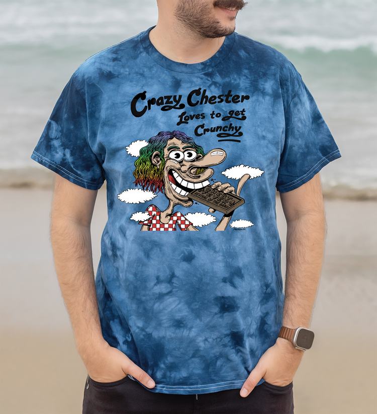 Crazy Chester “Loves to Get Crunchy” tie-dye t-shirt with psychedelic cartoon artwork by Matt J. Adams