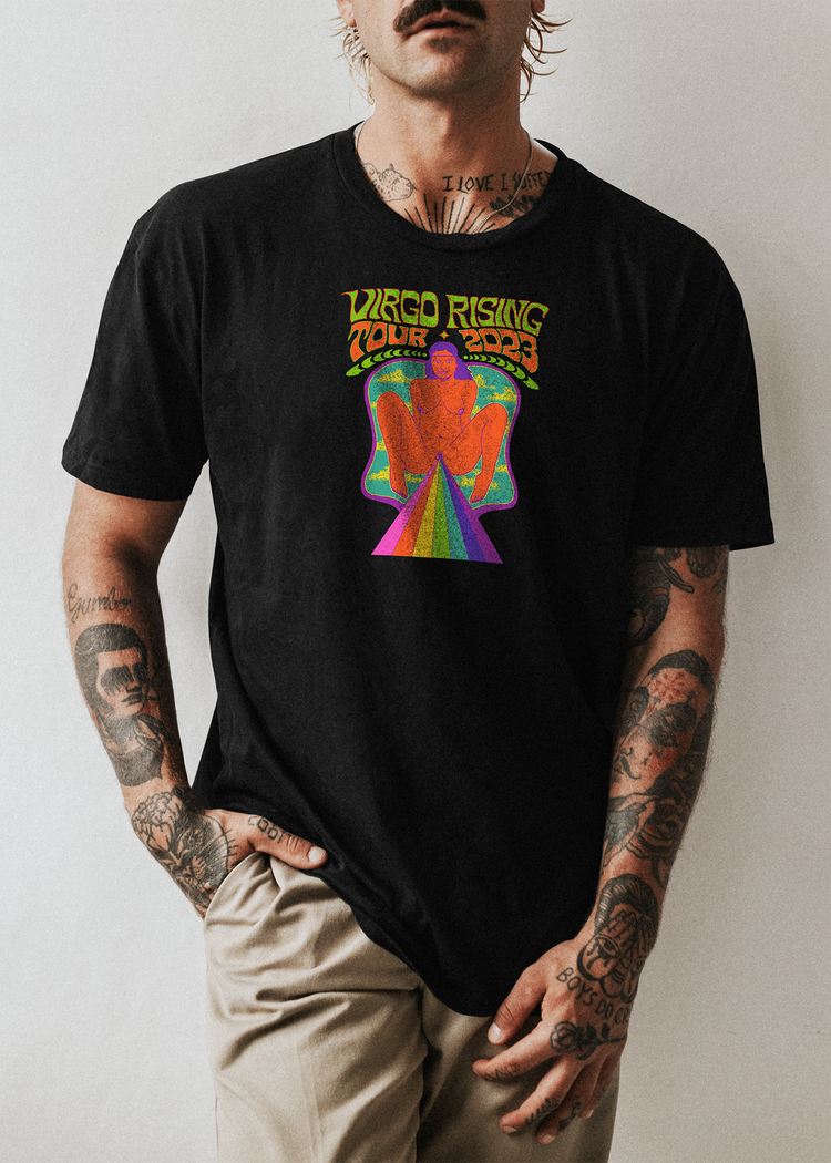 Virgo Rising 2023 Tour black t-shirt with psychedelic artwork by Fez Moreno on the front