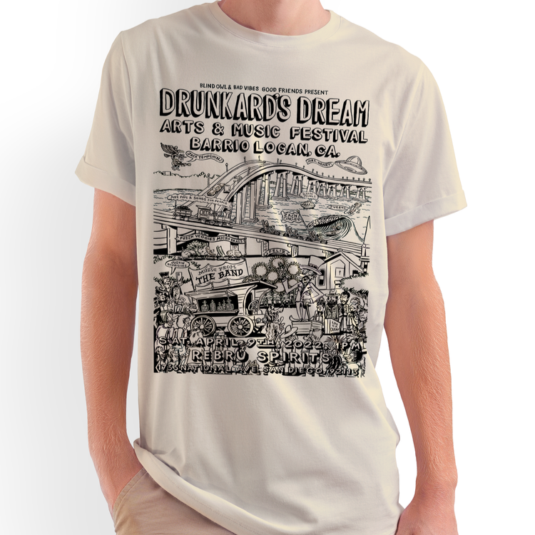 Blind Owl Drunkard’s Dream Festival 2022 cream t-shirt with artwork by Matt Adams