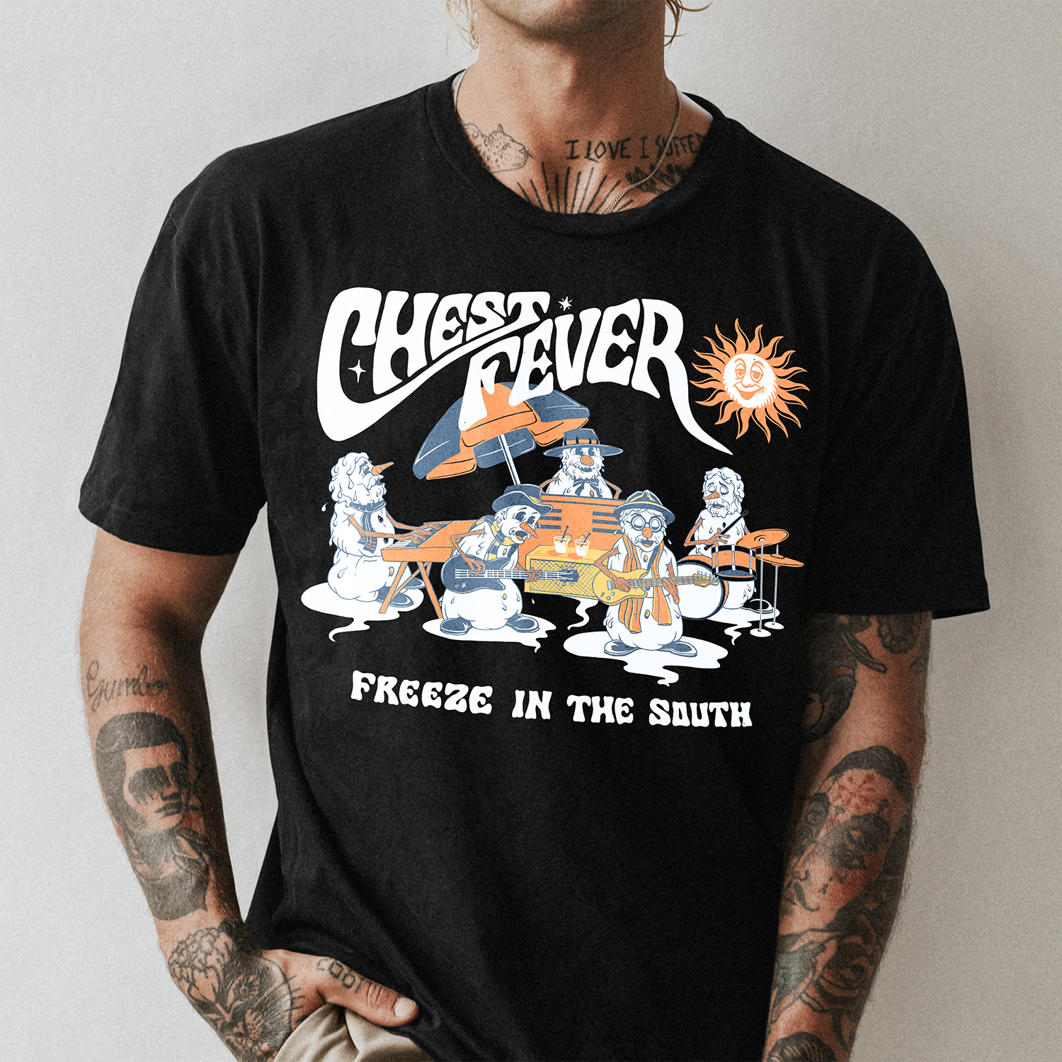 Chest Fever ‘Freeze in the South’ T-shirt featuring snowman band artwork by Terry Betts — official southern tour design printed on soft black cotton.
