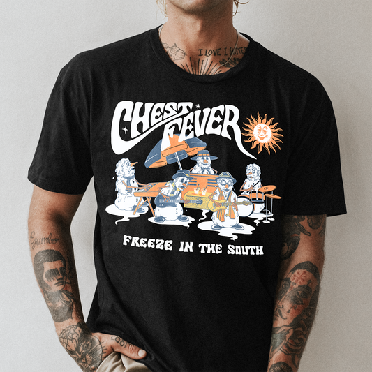 Chest Fever ‘Freeze in the South’ T-shirt featuring snowman band artwork by Terry Betts — official southern tour design printed on soft black cotton.