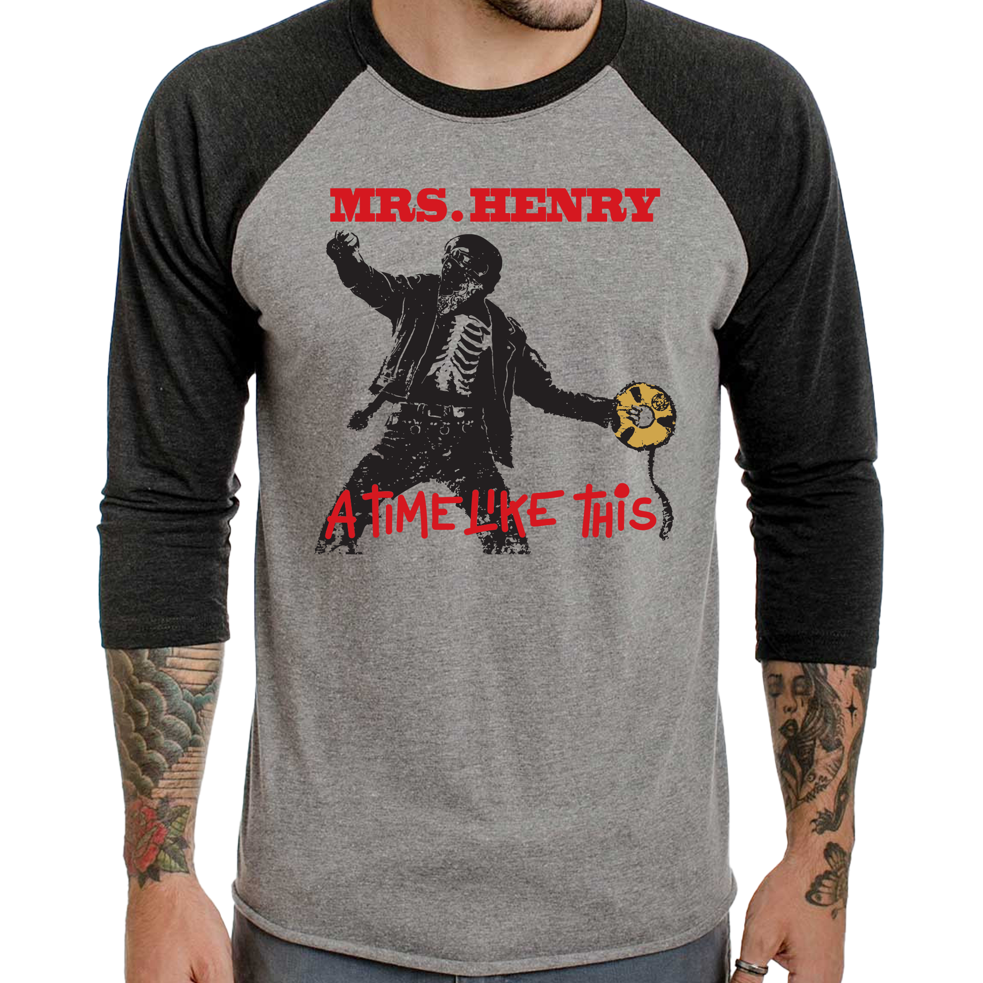 Gray and black raglan shirt with Mrs. Henry A Time Like This design, part of the Keep On Rising rock opera collection
