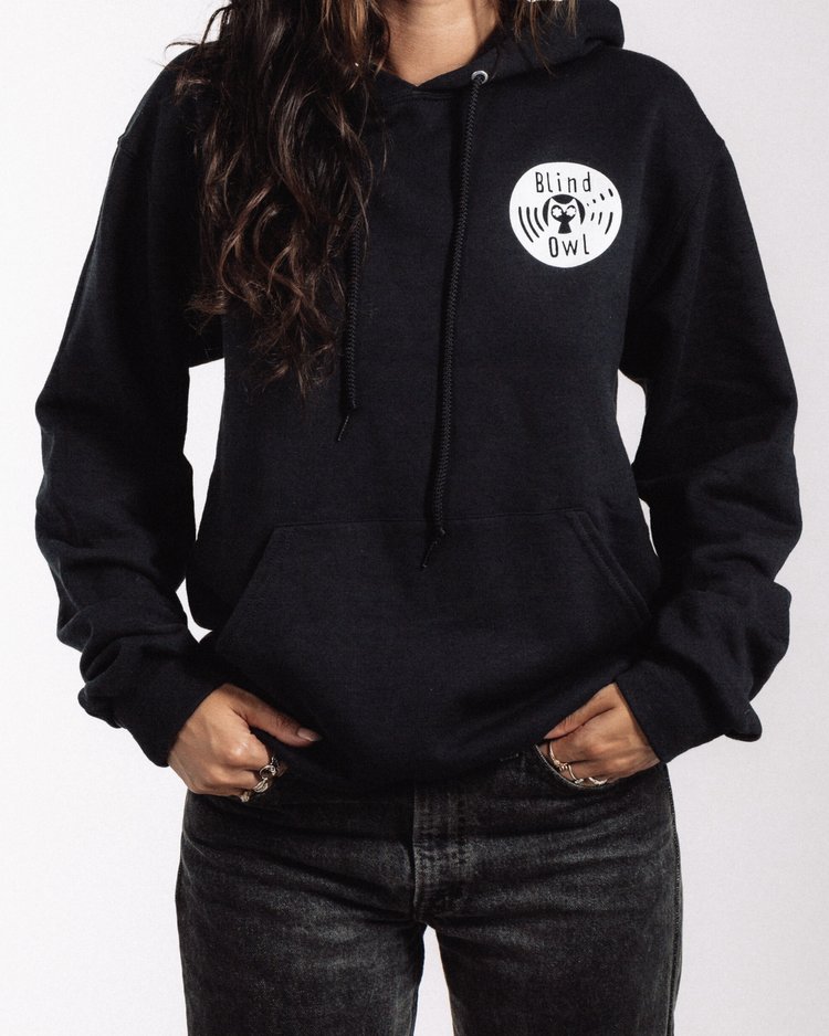 Blind Owl Records black pullover hoodie with original owl logo on front chest