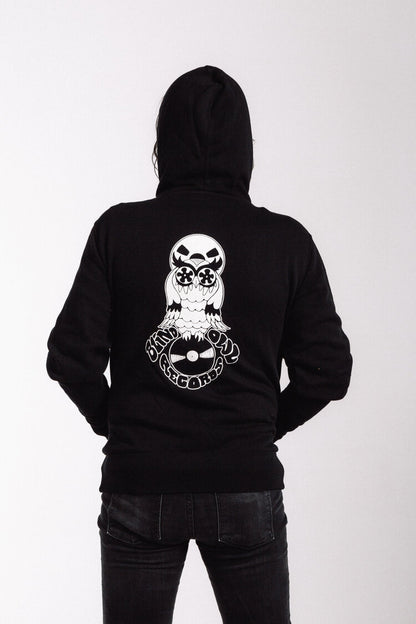 Blind Owl Records black hoodie back with large owl and vinyl design in white, artwork by Roy G Biv