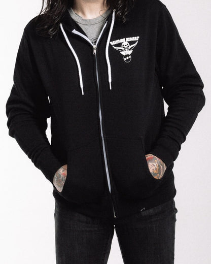 Blind Owl Records black zip-up hoodie with white owl logo on chest, artwork by Roy G Biv