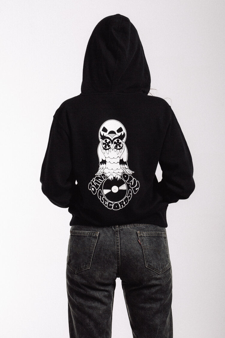 Blind Owl Records black hoodie back with large owl and vinyl design in white, artwork by Roy G Biv