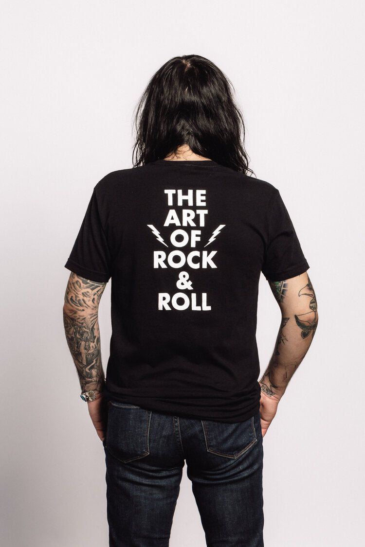 Blind Owl Records black t-shirt back with bold white text reading ‘The Art of Rock & Roll’ with lightning bolts