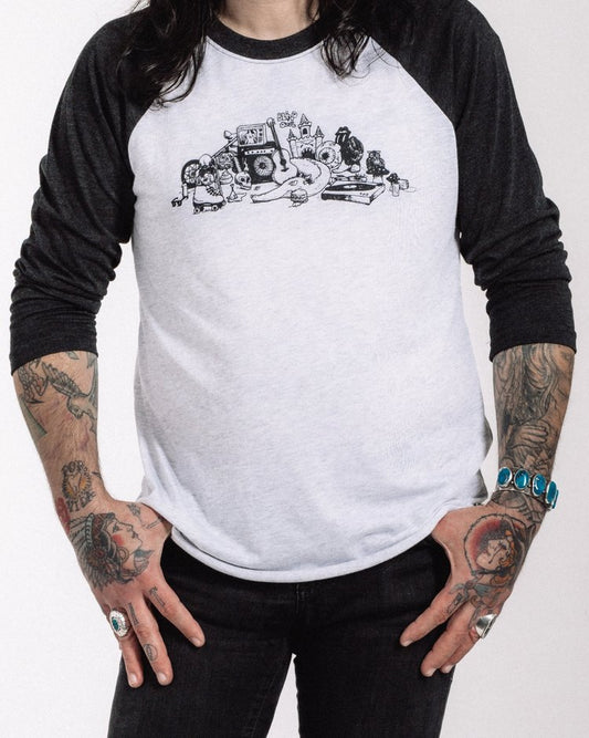 lind Owl Records raglan t-shirt with Roy G Biv artwork inspired by R. Crumb, black sleeves and white body
