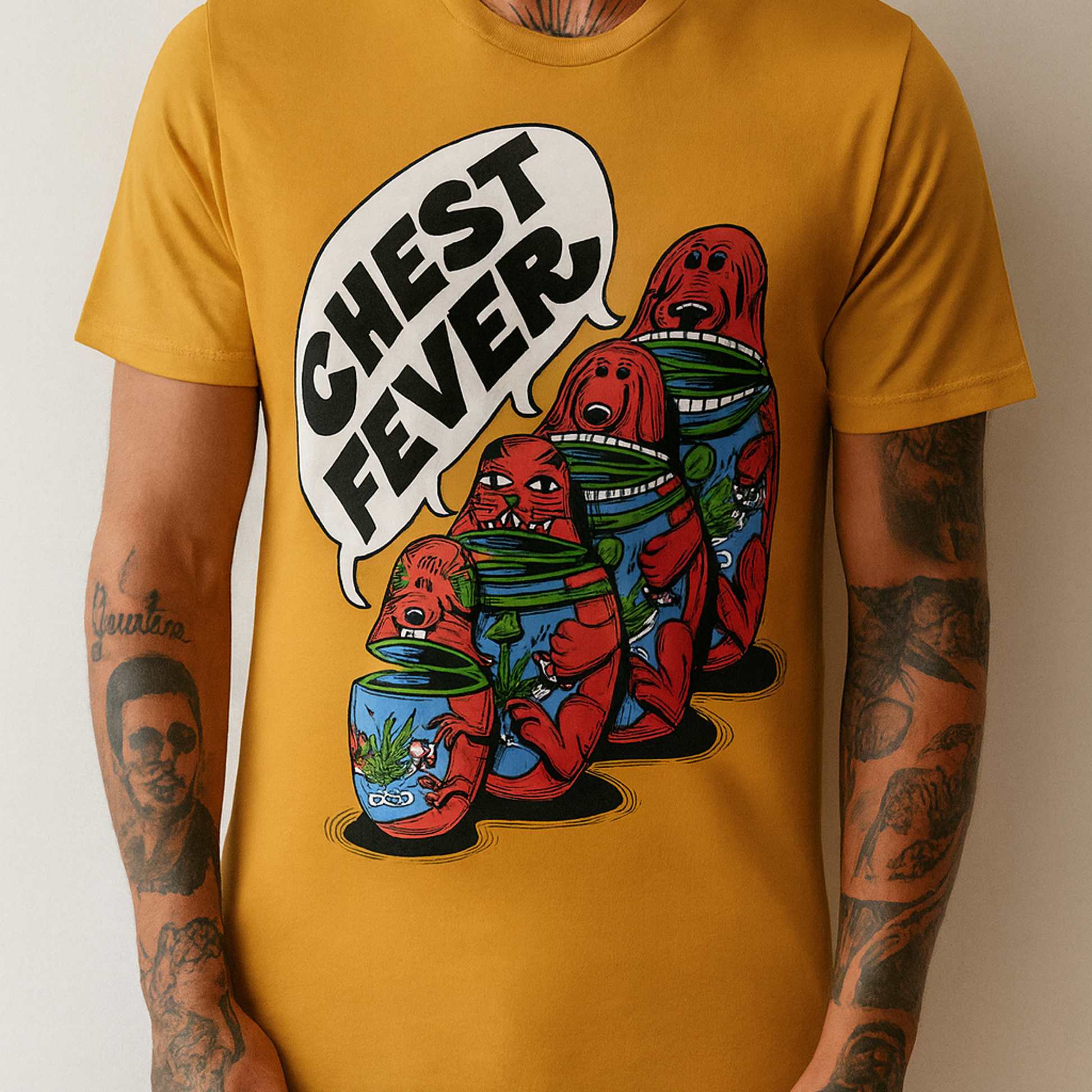 Chest Fever – “Dog Eat Dog” Mustard Tee (Artwork by Matt Adams