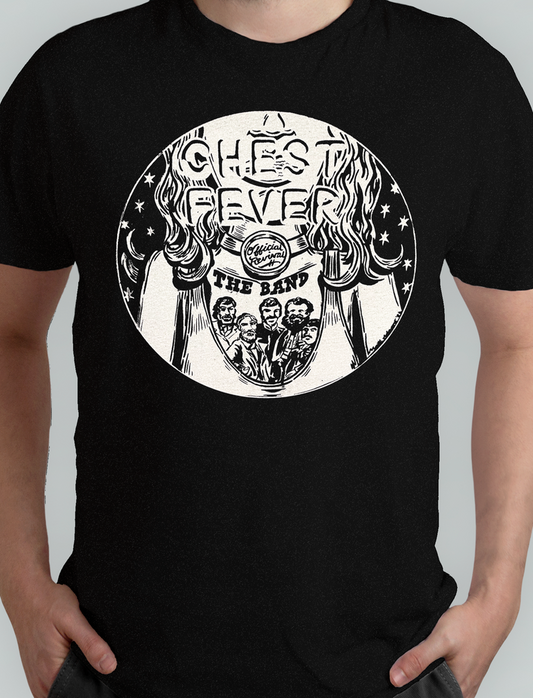 Chest Fever Official Revival of The Band T-shirt in black with white hand-drawn artwork by Matt Adams featuring celestial design and portraits of The Band