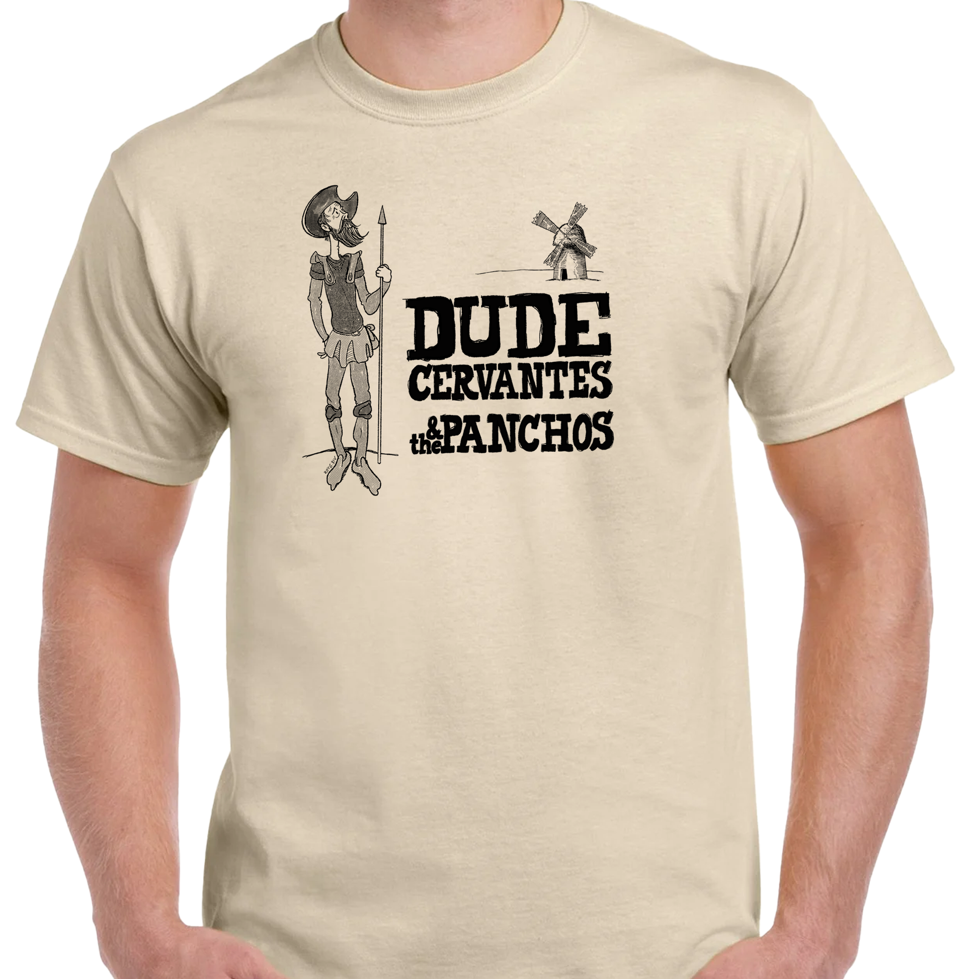 Tan cotton T-shirt with Don Quixote artwork by Roy G Biv and Dude Cervantes & The Panchos lettering