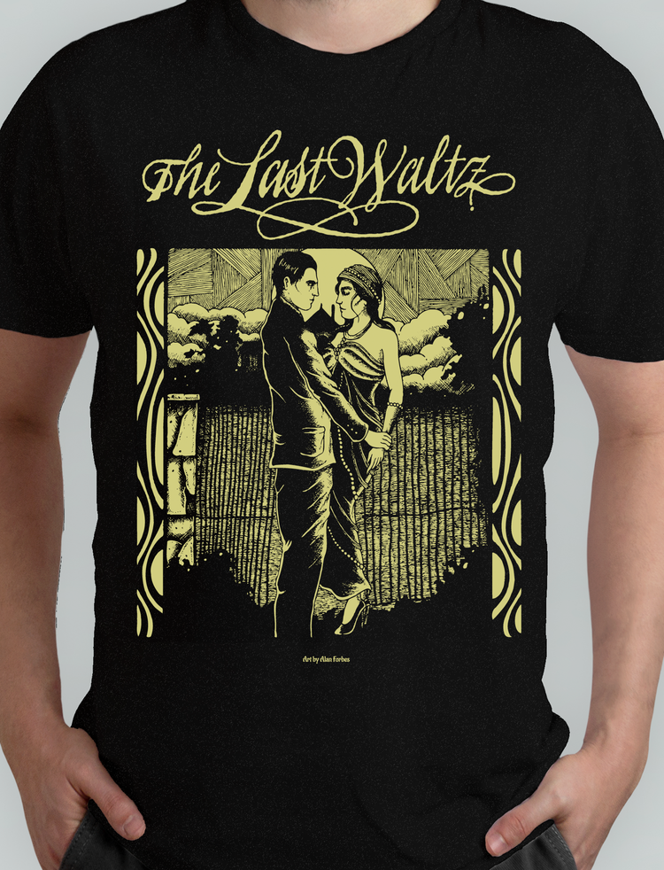 The Last Waltz black t-shirt with dancing couple artwork by Alan Forbes
