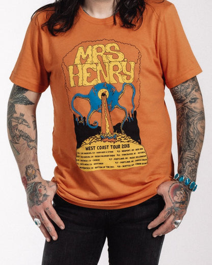 Mrs. Henry West Coast Tour 2018 T-shirt in orange with one-eyed monster artwork by Alex Lexicon, tour dates listed below