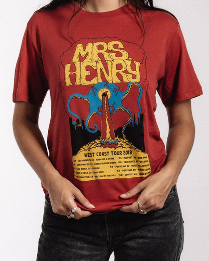 Mrs. Henry West Coast Tour 2018 T-shirt in red with one-eyed monster artwork by Alex Lexicon, tour dates listed below