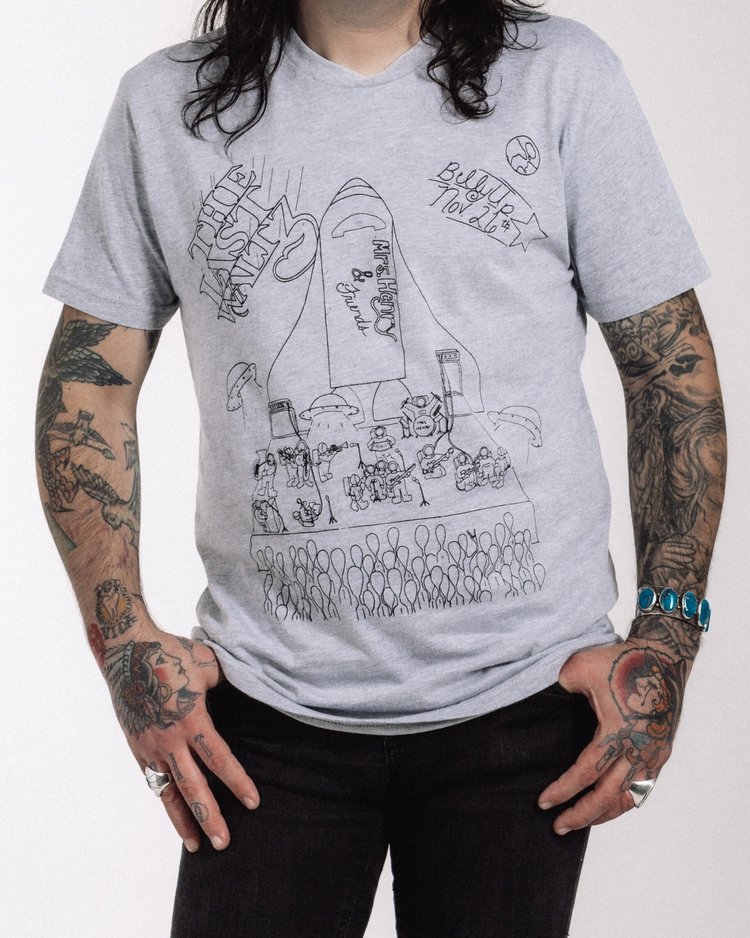 Heather grey Mrs. Henry Last Waltz tee featuring hand-drawn stage and rocket ship design by Dani Knapp