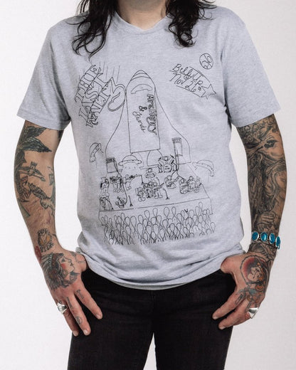 Heather grey Mrs. Henry Last Waltz tee featuring hand-drawn stage and rocket ship design by Dani Knapp
