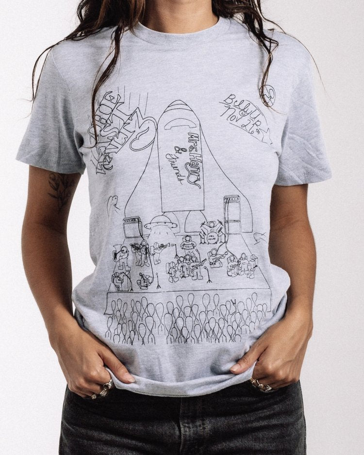 Heather grey Mrs. Henry Last Waltz tee featuring hand-drawn stage and rocket ship design by Dani Knapp
