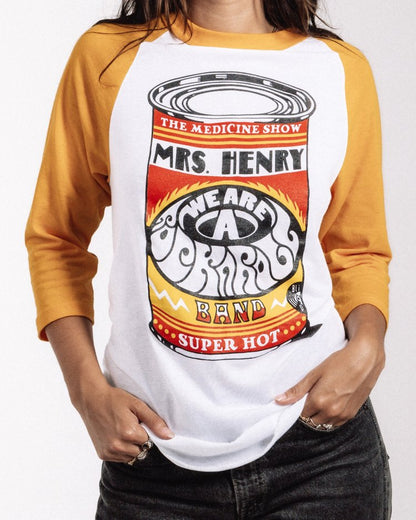 “Mrs. Henry Medicine Show raglan tee with soup can Super Hot design, yellow sleeves”