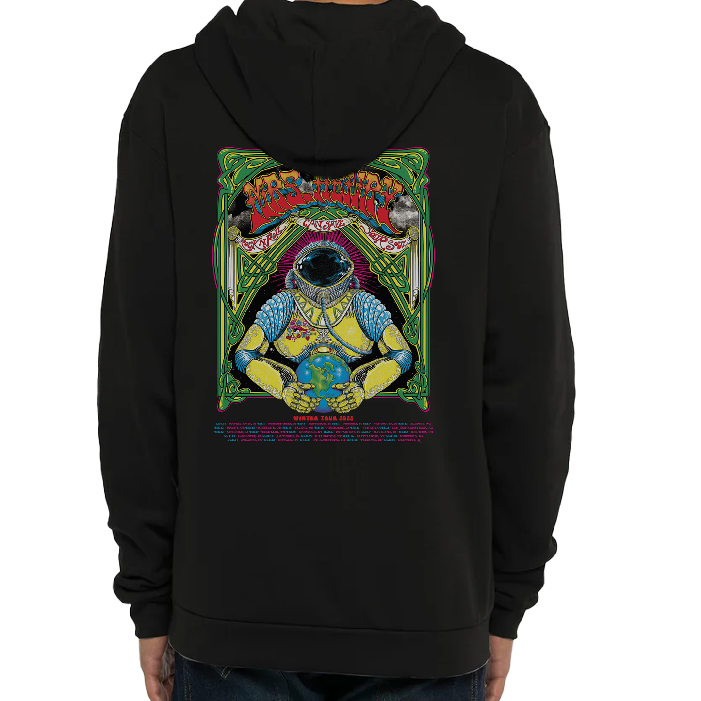 Black zip-up hoodie with small psychedelic Mrs. Henry logo on front and full Winter Tour 2025 astronaut artwork by Fandy Darisman on the back