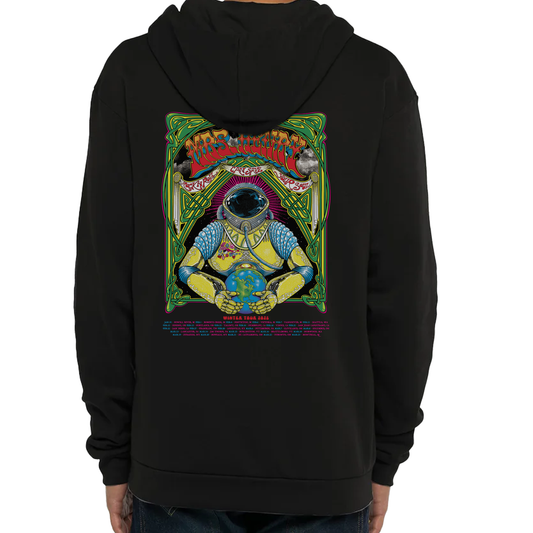 Black zip-up hoodie with small psychedelic Mrs. Henry logo on front and full Winter Tour 2025 astronaut artwork by Fandy Darisman on the back