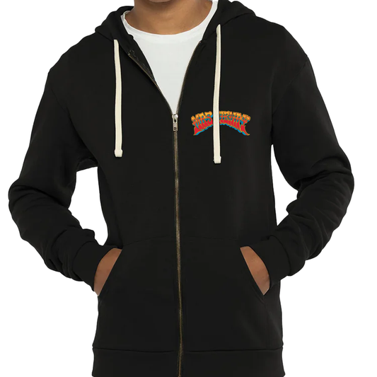 Black zip-up hoodie with small psychedelic Mrs. Henry logo on front and full Winter Tour 2025 astronaut artwork by Fandy Darisman on the back