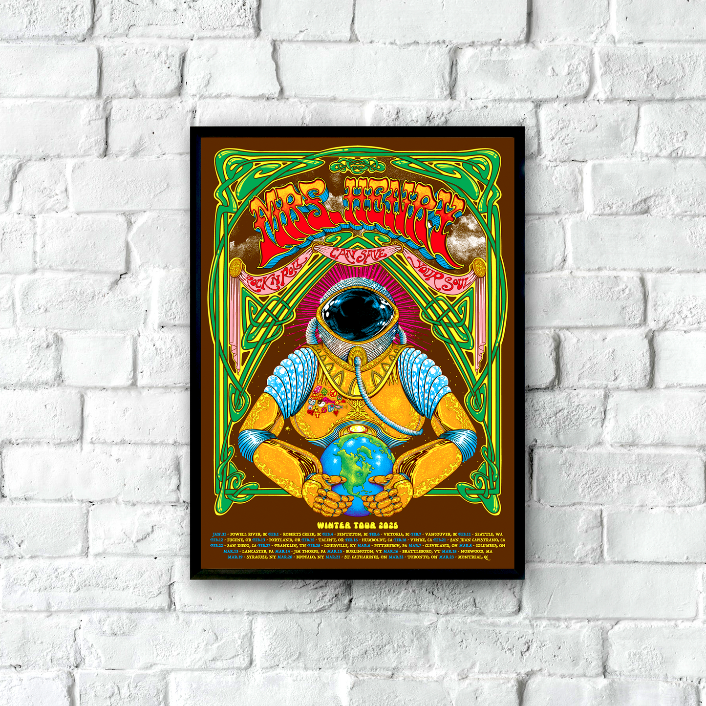 8x24 Mrs. Henry Winter Tour 2025 psychedelic rock poster with astronaut artwork by Fandy Darisman