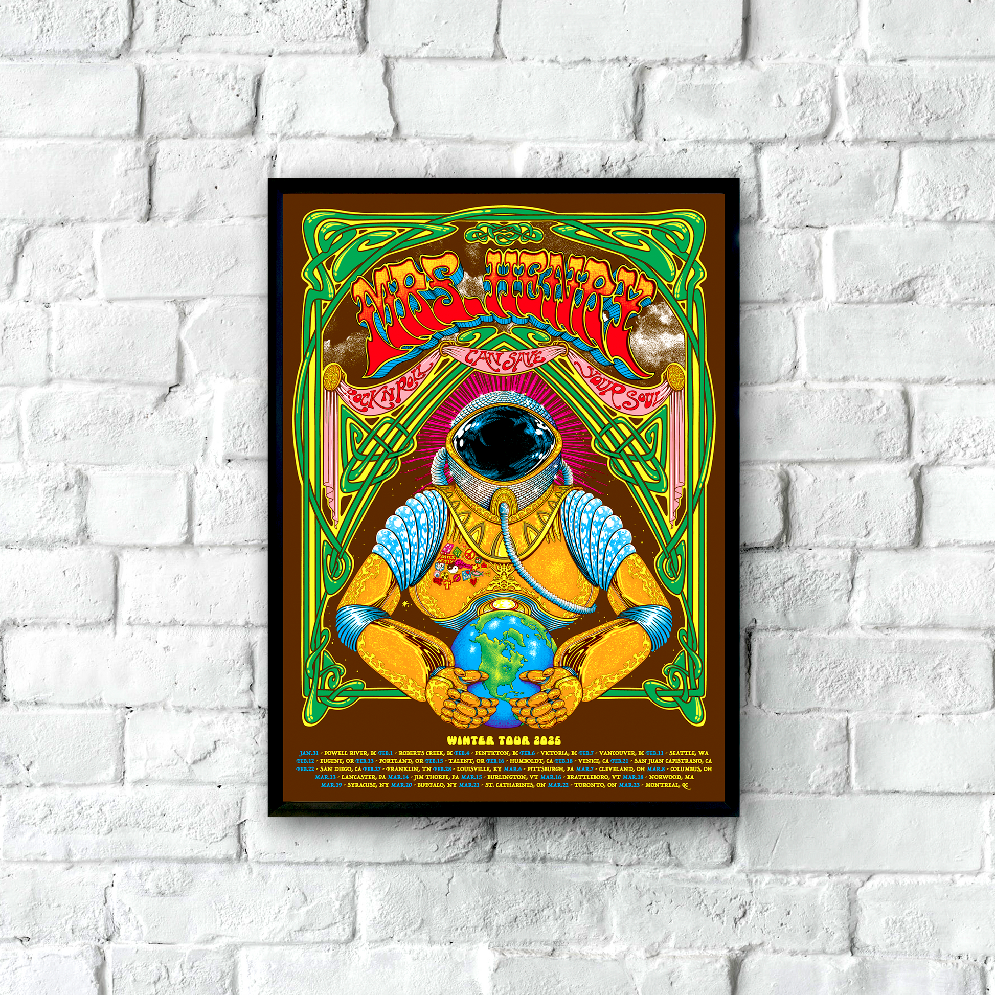 8x24 Mrs. Henry Winter Tour 2025 psychedelic rock poster with astronaut artwork by Fandy Darisman