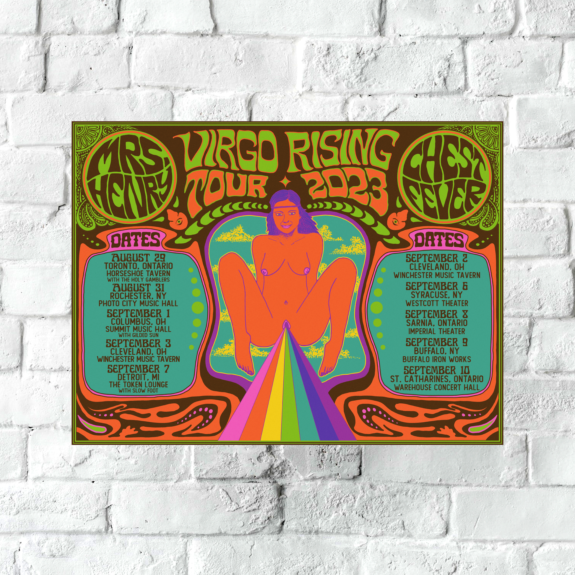 Vibrant rainbow-colored vintage rock poster with central female figure, Mrs. Henry & Chest Fever Virgo Rising Tour 2023