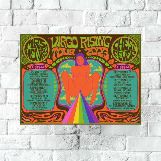 Vibrant rainbow-colored vintage rock poster with central female figure, Mrs. Henry & Chest Fever Virgo Rising Tour 2023