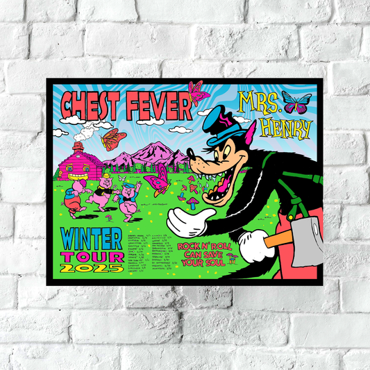18x24 psychedelic concert poster for Chest Fever & Mrs. Henry Winter Tour 2025, designed by Pragmatic Prints