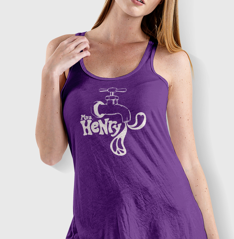 Mrs. Henry purple “Peace & Love” tank top with faucet artwork by Roy G. Biv, featured in the “Everybody Wants Peace and Love” music video