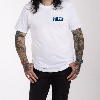 White Puerto band T-shirt with small blue Puerto text on chest