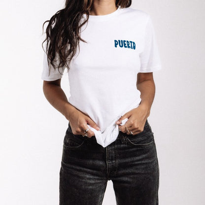 White Puerto band T-shirt with small blue Puerto text on chest