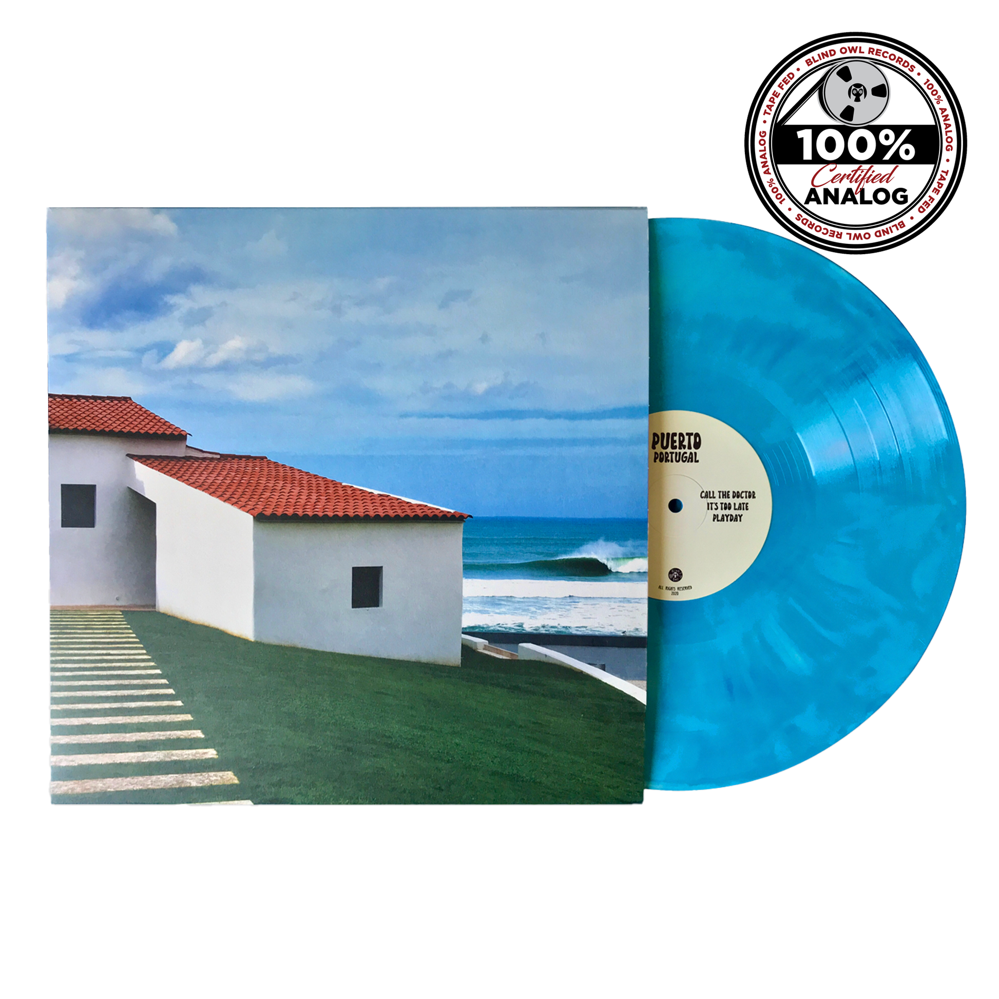 Puerto – Portugal translucent seafoam blue vinyl record in screen-printed poly bag, Blind Owl Records 100% Certified Analog Collection