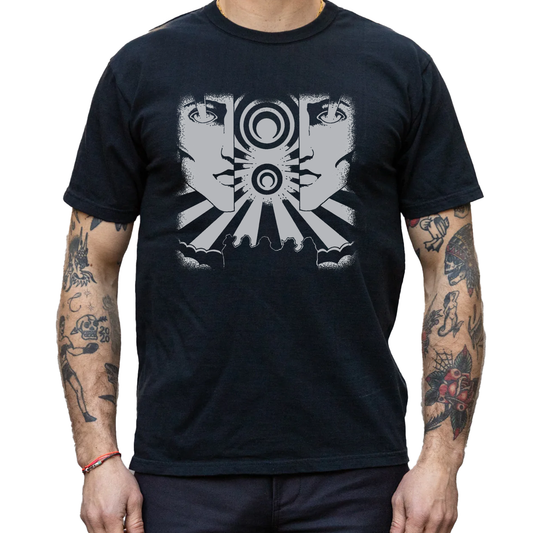 Black T-shirt with monochrome artwork by Alan Forbes showing mirrored faces, radiant beams, and cosmic circles, part of Mrs. Henry’s Keep On Rising collection