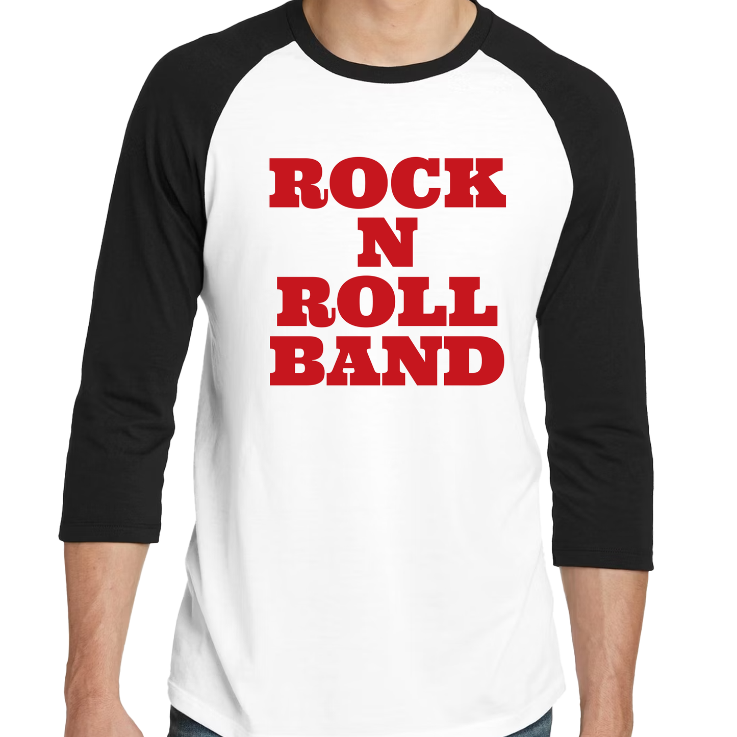 Black-and-white raglan baseball shirt with bold red lettering that reads Rock N Roll Band