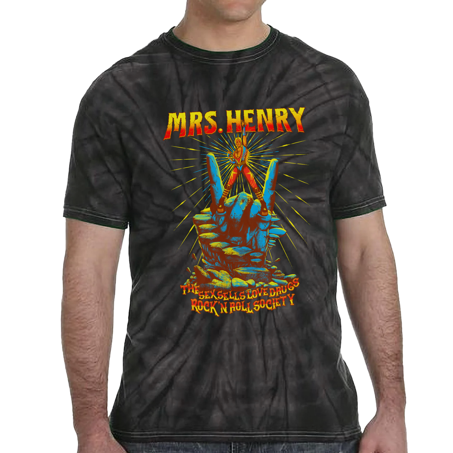 Black tie-dye T-shirt with Mrs. Henry The Sex Sells Love Drugs Rock ’n’ Roll Society artwork, part of the Keep On Rising rock opera collection