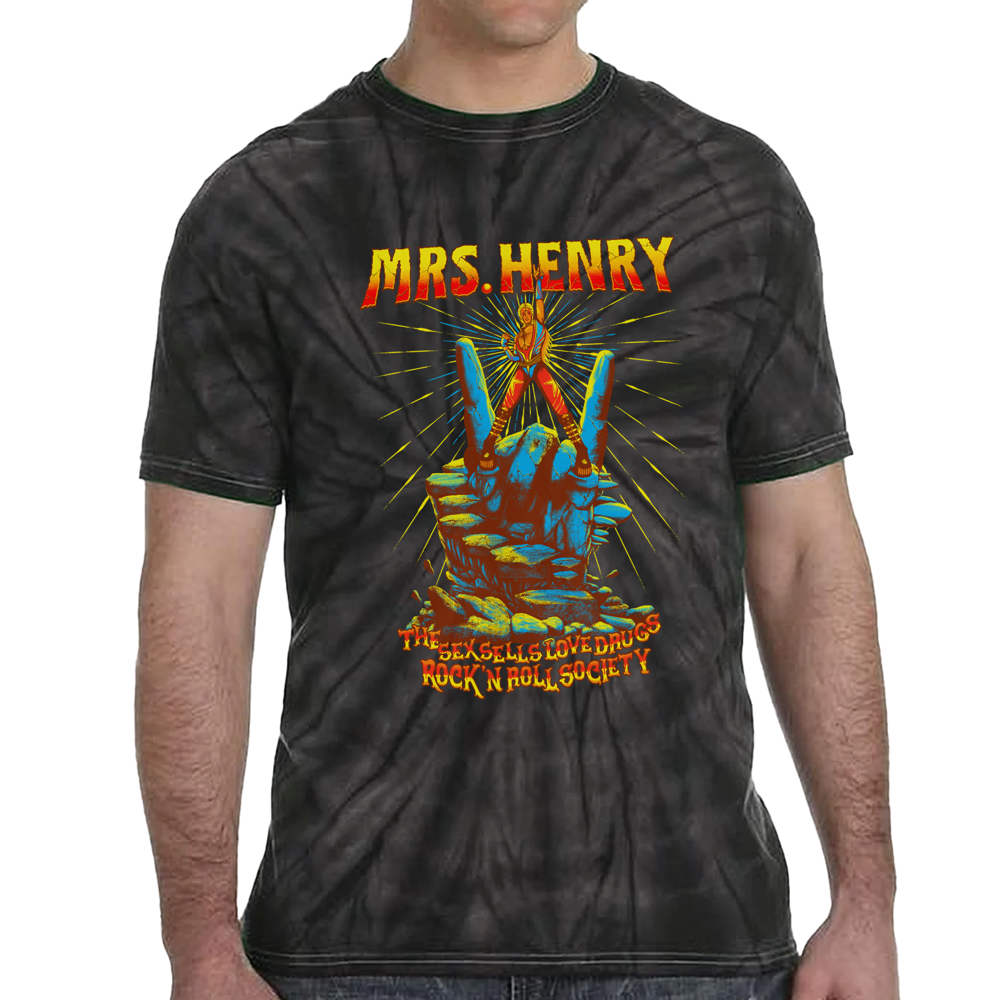 Black tie-dye T-shirt with Mrs. Henry The Sex Sells Love Drugs Rock ’n’ Roll Society artwork, part of the Keep On Rising rock opera collection