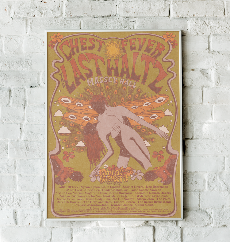 18x24 psychedelic Last Waltz poster for Massey Hall 2023 with surreal embrace artwork by Nick Potts