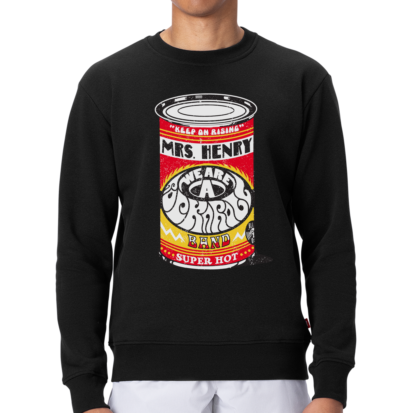 Black crewneck sweatshirt with psychedelic soup can design reading Mrs. Henry – We Are A Rock ’N’ Roll Band, part of the Keep On Rising collection, artwork by Fandy Darisman