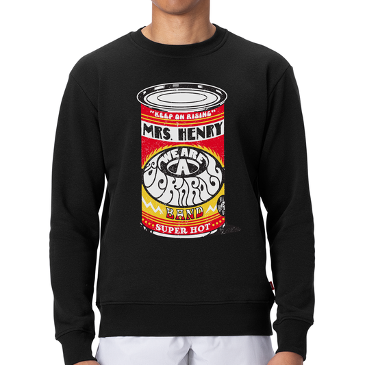 Black crewneck sweatshirt with psychedelic soup can design reading Mrs. Henry – We Are A Rock ’N’ Roll Band, part of the Keep On Rising collection, artwork by Fandy Darisman