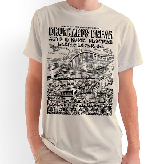 Blind Owl Drunkard’s Dream Festival 2022 cream t-shirt with artwork by Matt Adams
