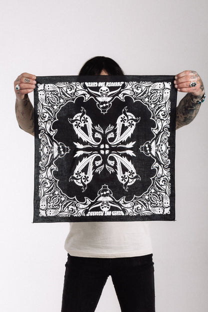 Blind Owl Records black bandana with white owl logo artwork by Roy G Biv