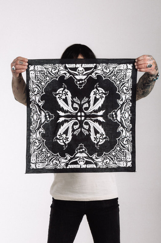 Blind Owl Records black bandana with white owl logo artwork by Roy G Biv