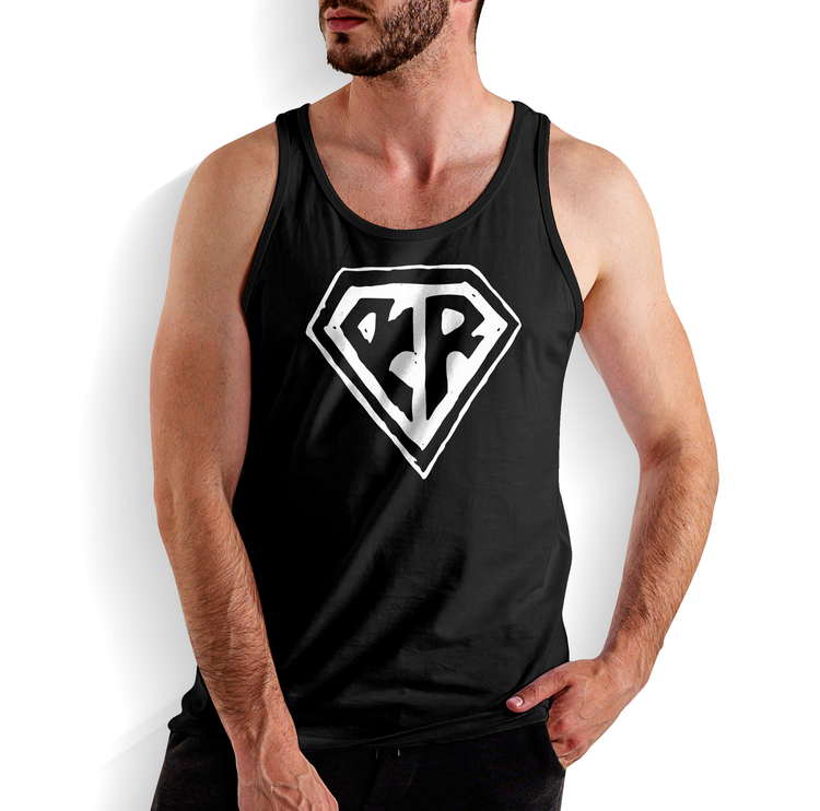 Peace, Love, Rock ’N’ Roll black tank top with superhero crest artwork by Alan Forbes, part of the Keep On Rising collection