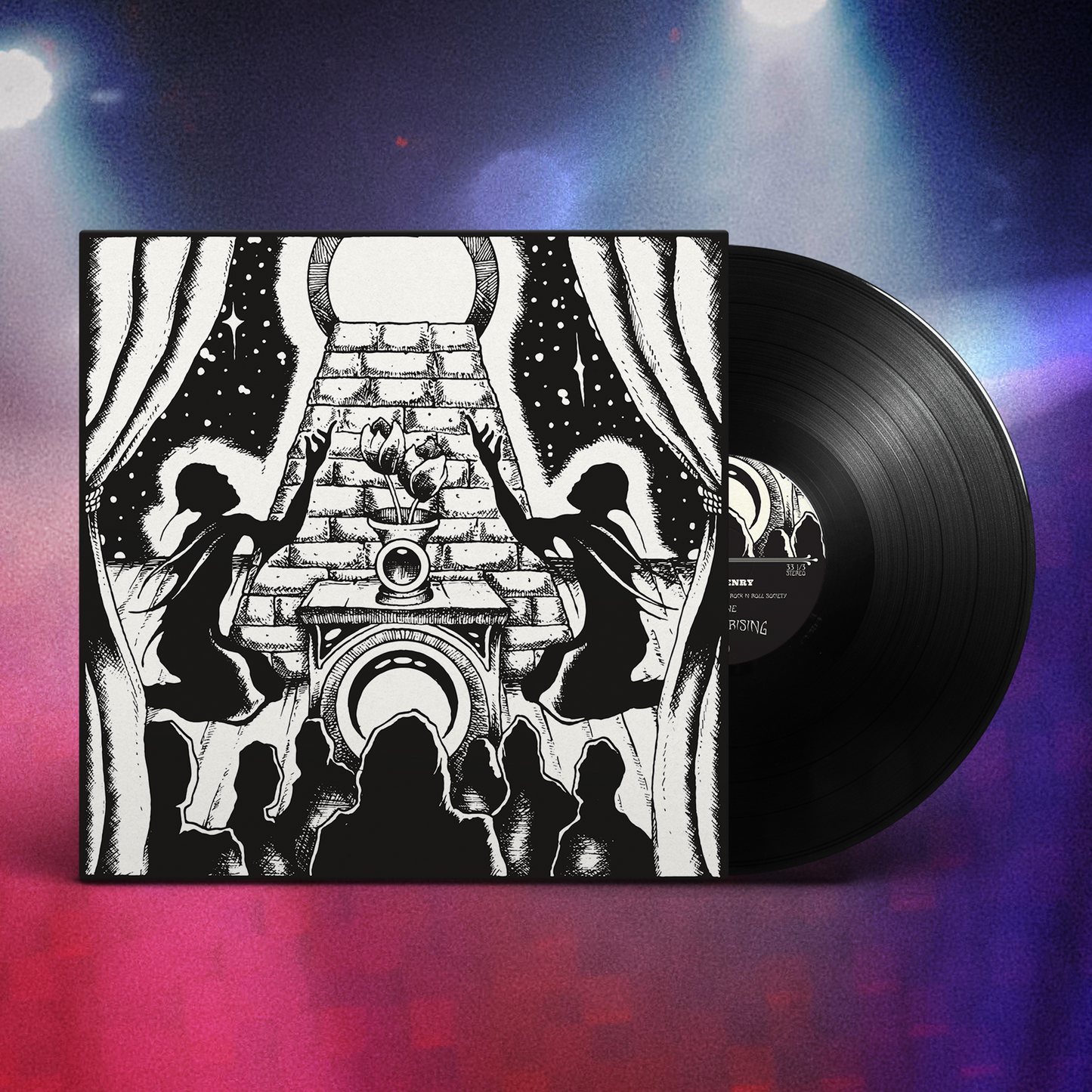 Vinyl LP of Mrs. Henry’s Act I – The Sex Sells, Love Drugs, Rock N Roll Society, produced by Dude Cervantes, artwork by Alan Forbes.