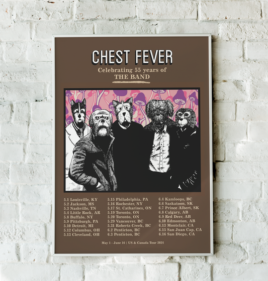 Chest Fever 2024 Tour 18x24 poster with Roy G Biv artwork reimagining The Band members as dogs