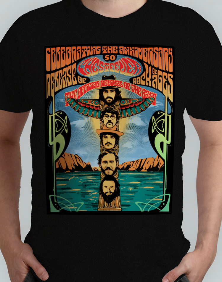 Chest Fever Rock of Ages 50th Anniversary black tour t-shirt with psychedelic totem artwork by Fandy Darisman